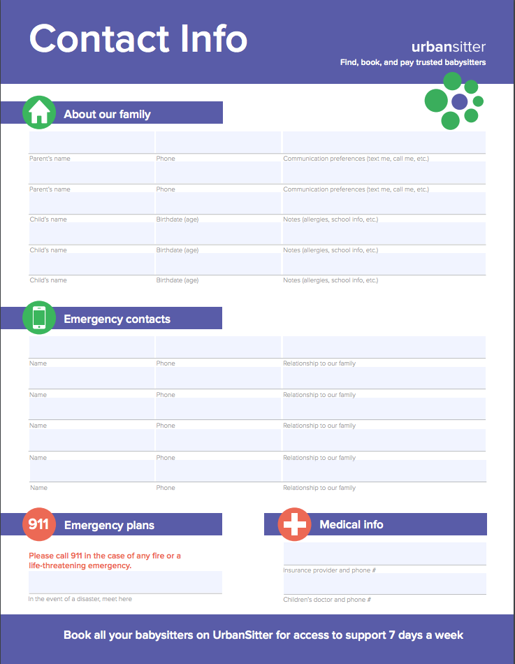 babysitting checklist - contact info
