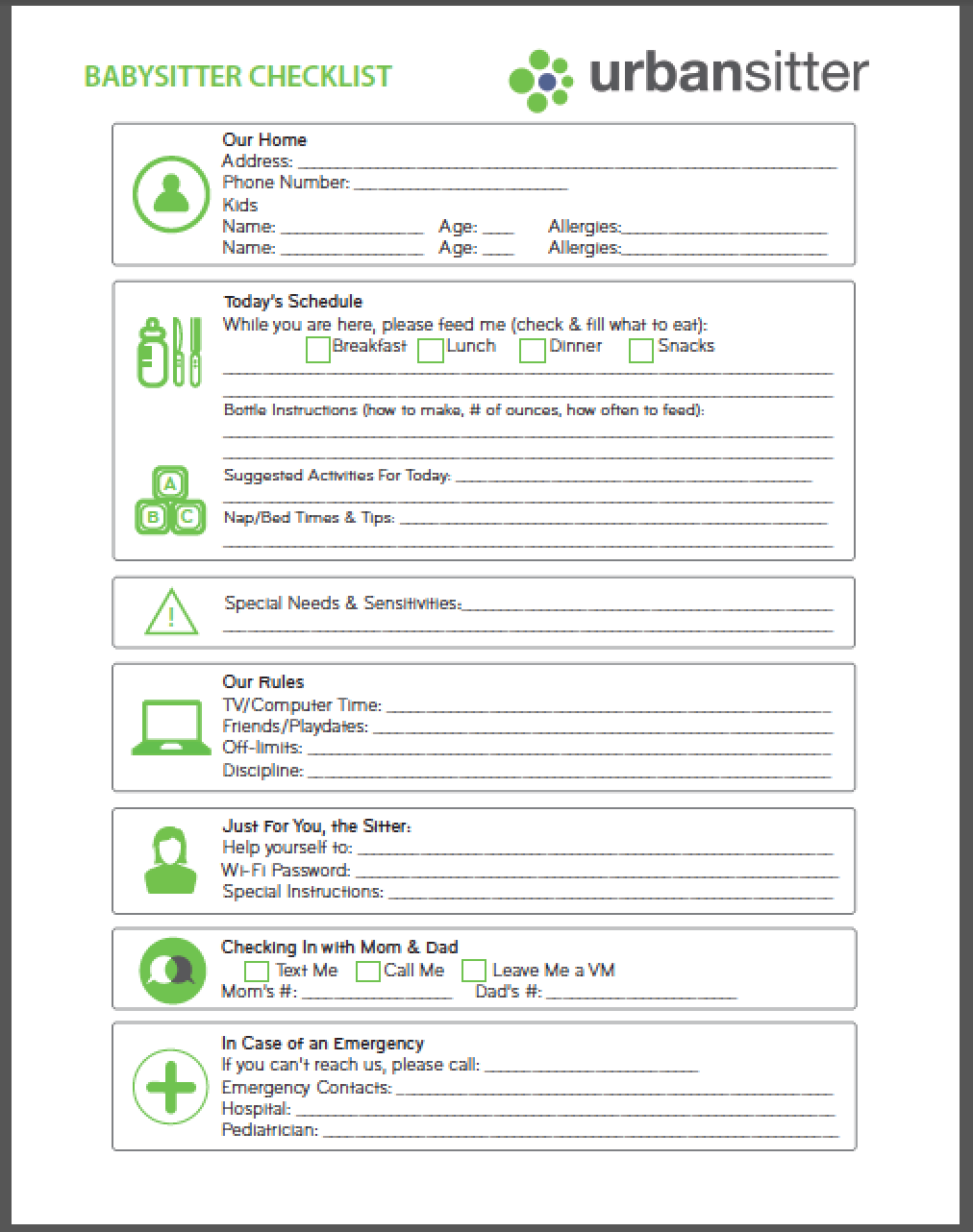 UrbanSitter Babysitter Checklist